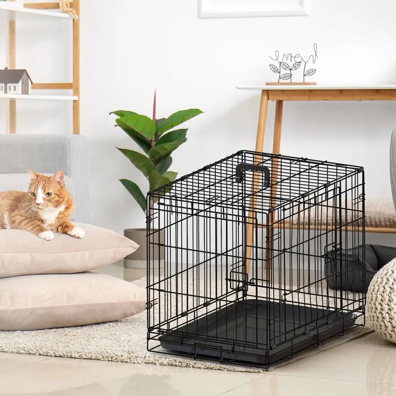 30" Black Wire Dog Cage with Double-Lock Mechanism, Double Door, Single Handle
