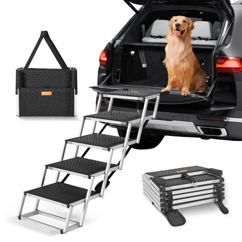 5-Step Folding Dog Stairs for Cars, Aluminum, Holds Up to 150 Lbs