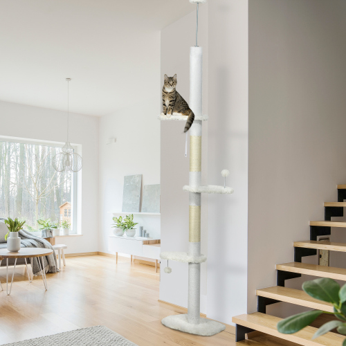 PawHut Floor-to-Ceiling Cat Tree with Cloud Platforms, White