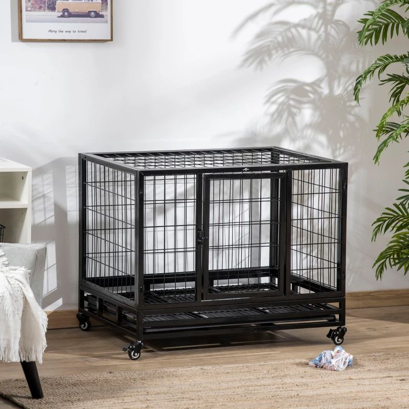 Heavy Duty Dog Crate with Removable Tray, Lockable Wheels & Double Door, Black