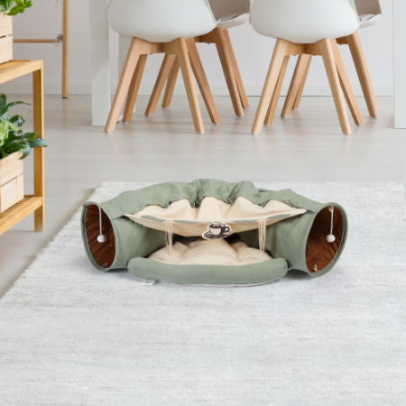 Collapsible Cat Tunnel Bed with Hanging Toys and Cushion