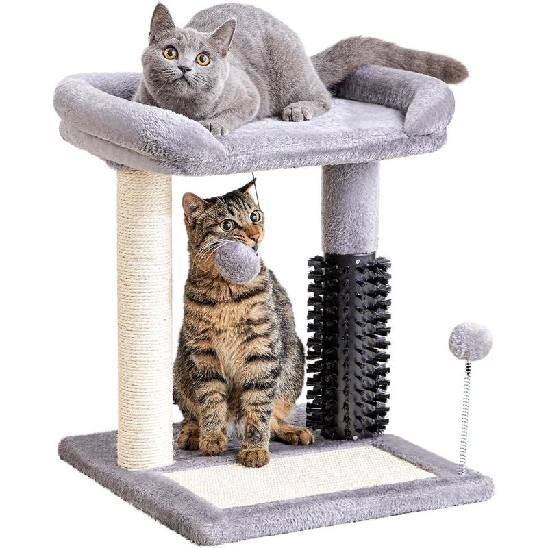 Small 4-in-1 Cat Tree with Grooming Brush, Sisal Post, Bed & Ball