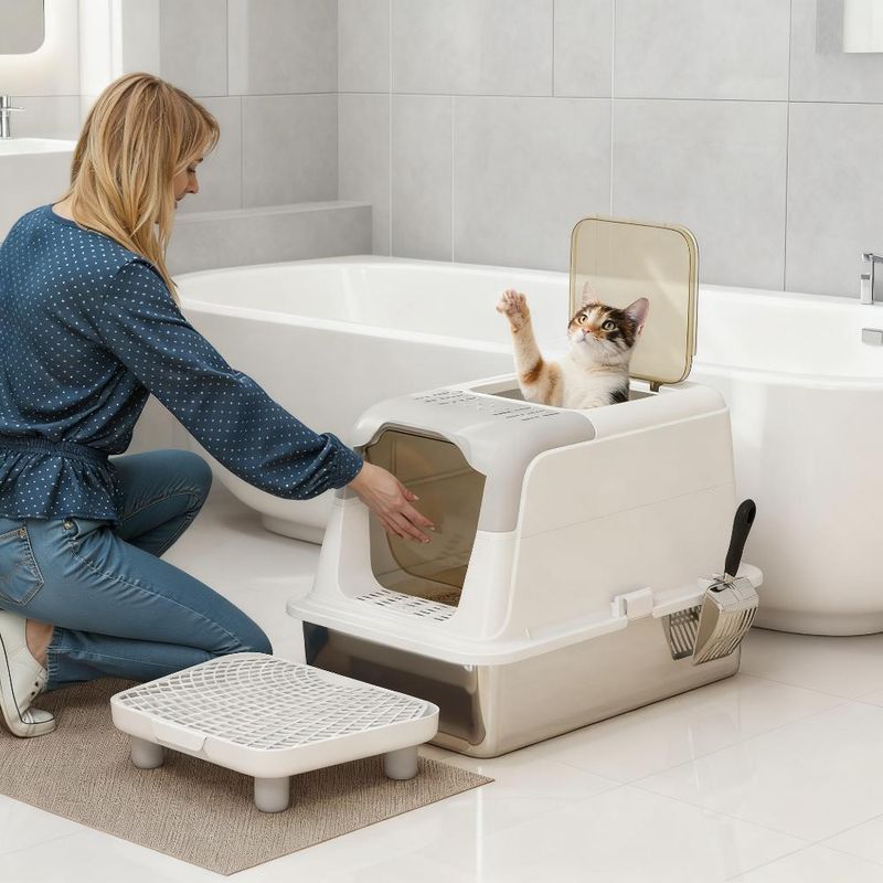 Enclosed Stainless Steel Cat Litter Box With Scoop And Deodorizer Bag
