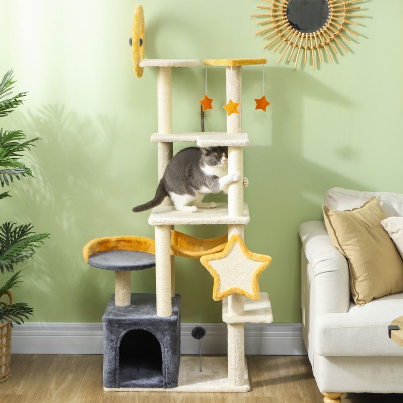 63" Moon & Star Cat Tree with Hammock, Condo, Bed & Toys, Beige