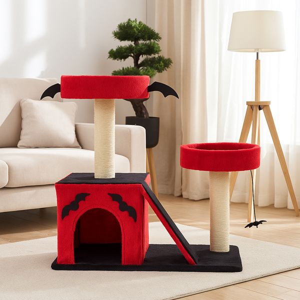 Halloween Gothic Cat Tree with Condo, Perches & Spider Toy, Red & Black