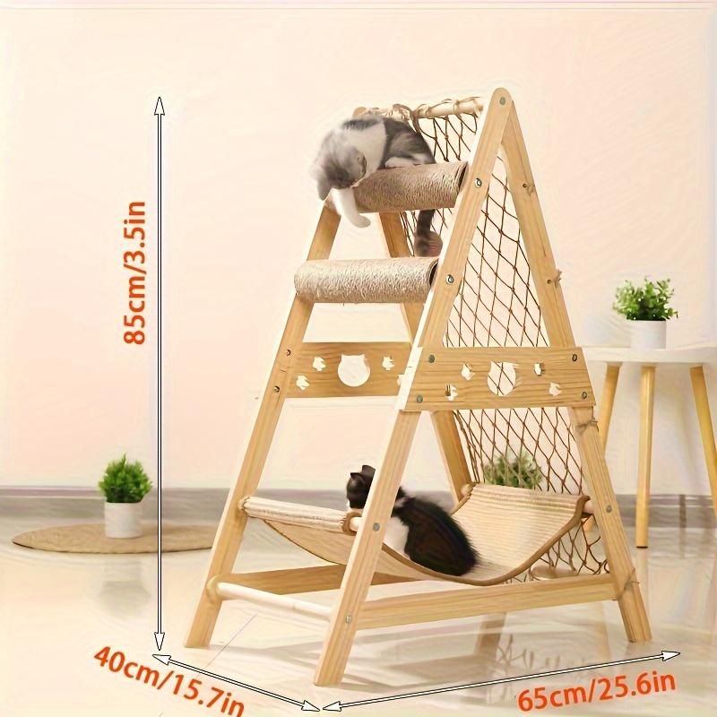 Wooden Cat Tree Tower With 2 Scratching Posts And Climbing Net