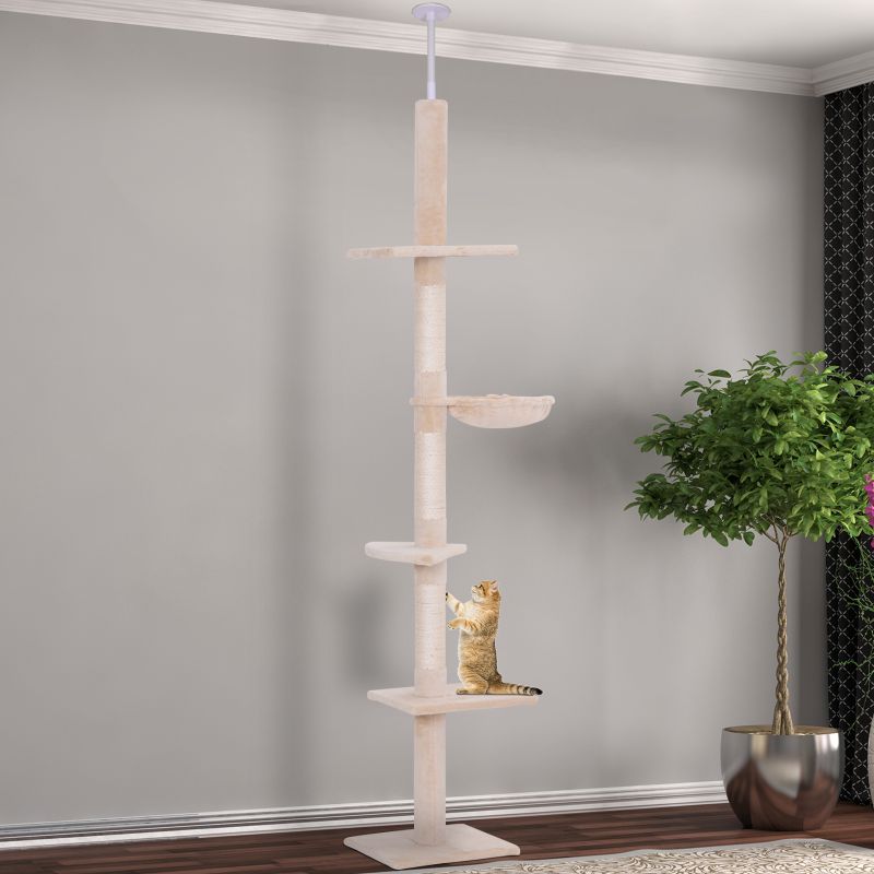 Floor-to-Ceiling Cat Tree, 5-Level Tower with Hammock, Beige