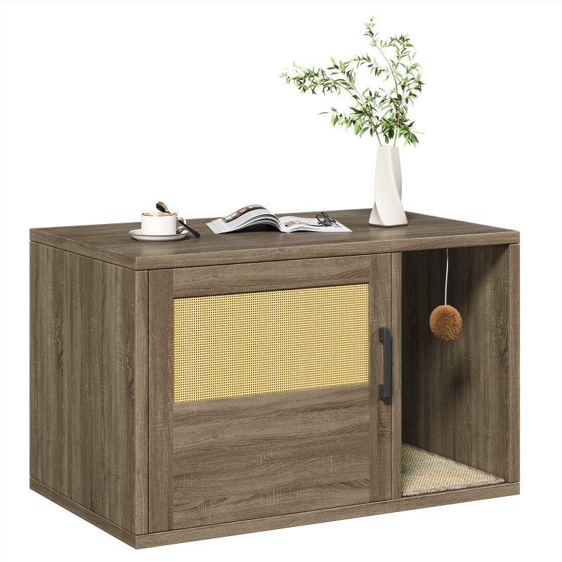 Wooden Cat Litter Box Cabinet With Scratching Pad And Side Table
