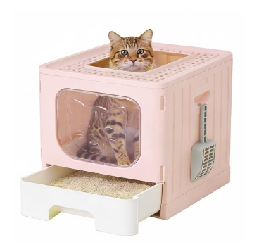 Covered Foldable Cat Litter Box With Drawer And Scoop