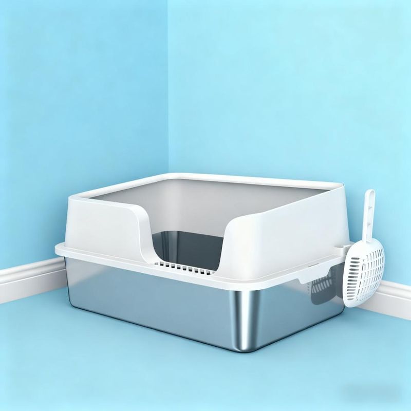 High-Sided Stainless Steel Cat Litter Box With Scoop For Big Cats