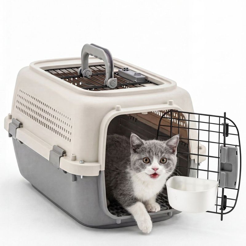 Hard-Sided Dog and Cat Travel Carrier with Handle, Beige Grey