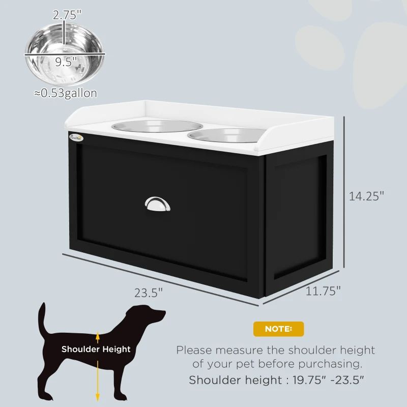 Pet Feeding Station with Storage & 2 Elevated Dog Bowls, White and Black
