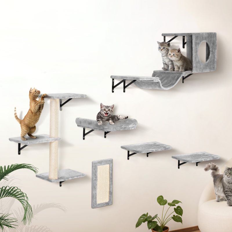 Wall-Mounted Cat Shelves with Jump Boards, Hammock & Sofa, Set of 6