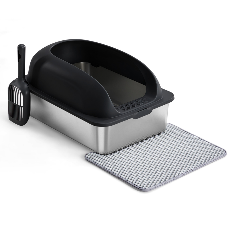 Large Stainless Steel Cat Litter Box with Lid, Scoop & Mat, Black