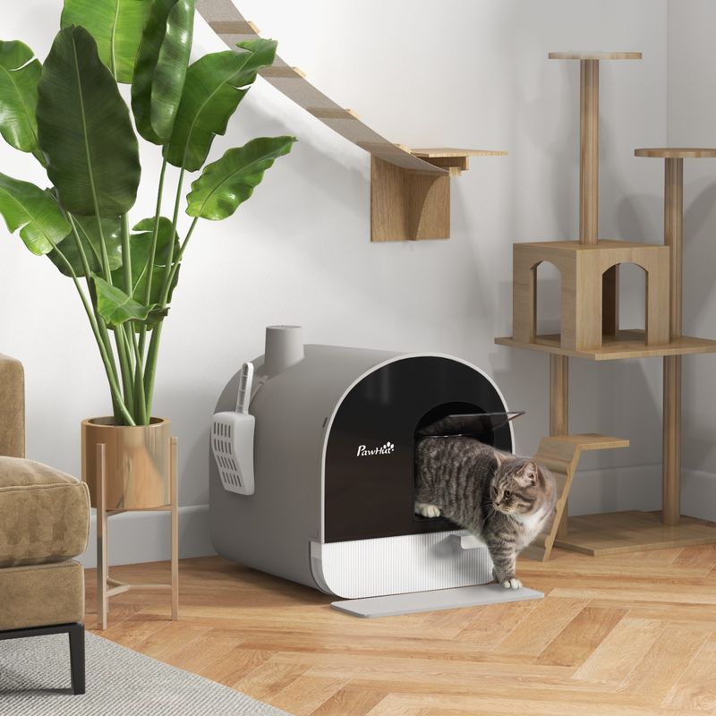 Light Gray Hooded Cat Litter Box With Air Filter And Scoop