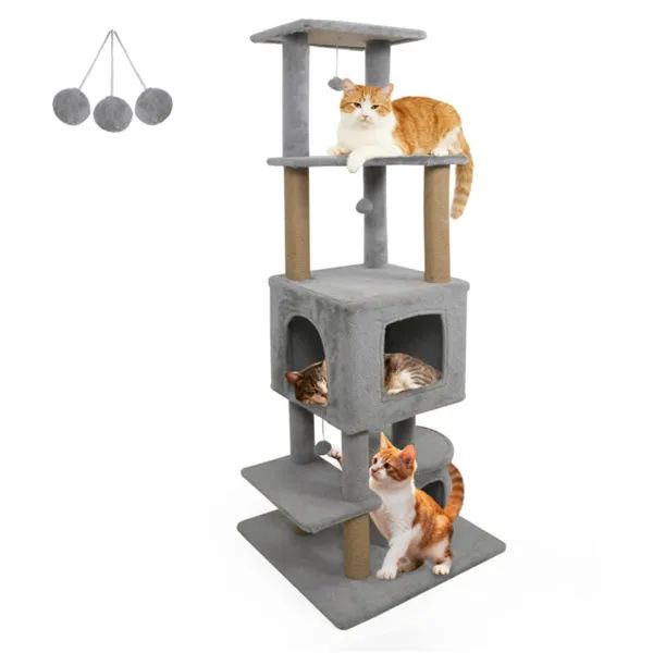 64" Cat Tower with Plush Perches, 3 Dangling Balls & Jute Scratching Posts, Light Gray