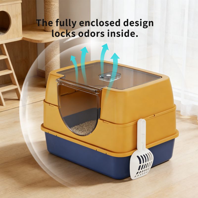 Dark Gray Top-Entry Fully Enclosed Cat Litter Box With Scoop