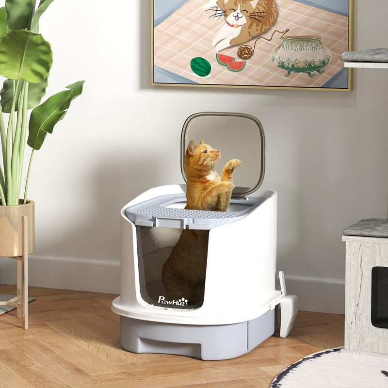 Covered Cat Litter Box with Drawer, Scoop & Top Entry, Gray