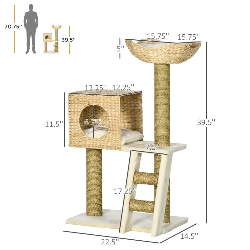 Cattail Weave Cat Tree With Rattan Condo, Bed, And Ladder