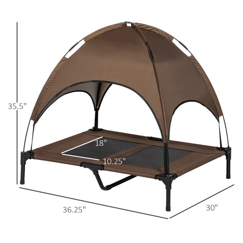 Elevated Portable Dog Cot with Canopy Shade, 36 Inch, Coffee