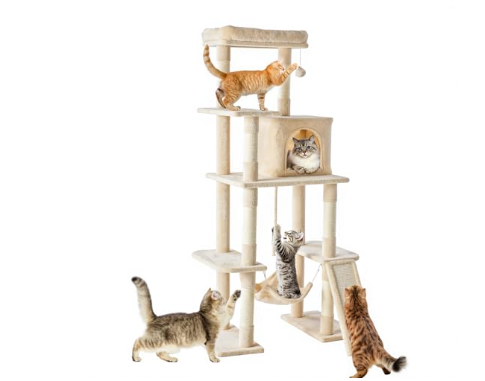 63" Cat Tree Tower with Sisal Posts, Extended Platform & Hammock