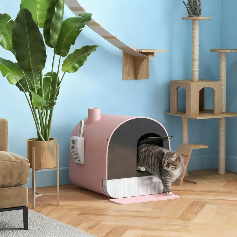 Pink Enclosed Cat Litter Box With Lid, Scoop, And Filter