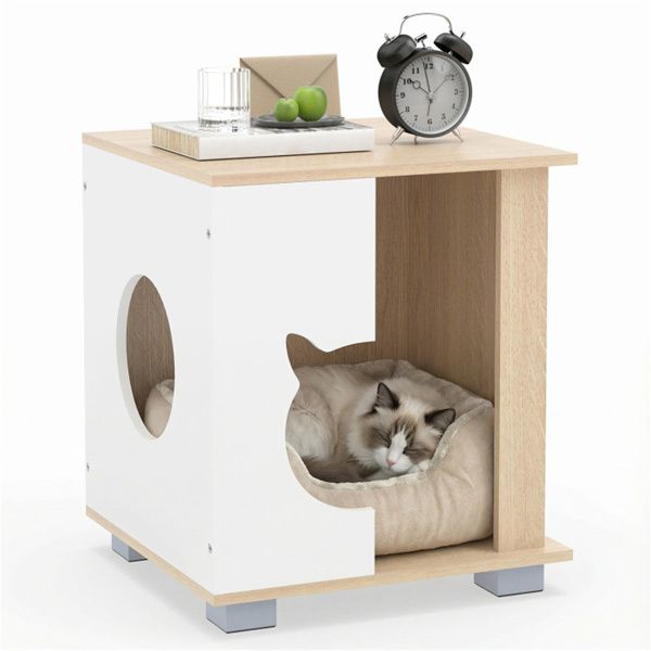 Wooden Cat House Nightstand With Metal Base