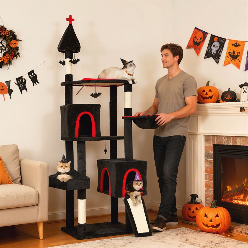 78" Gothic Cat Tree with Coffin Bed & Bat Hanging Balls