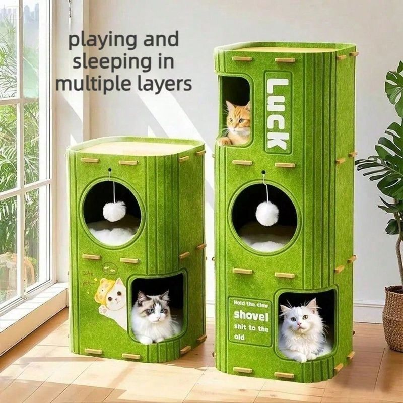 Multi-Level Felt Cat Tree House with Hideaway Nests & Hanging Ball Toy