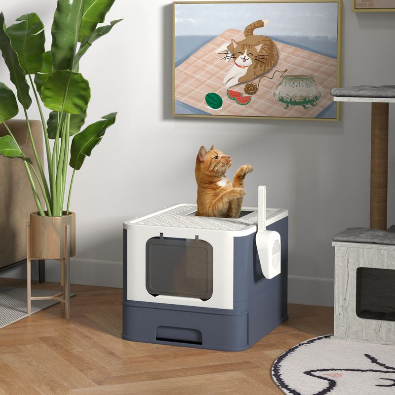 Covered Cat Litter Box With Front Entry And Top Exit, White