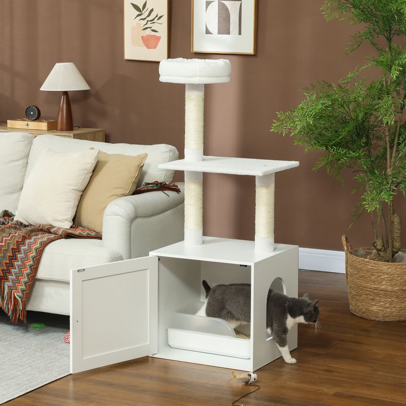Cat Tree with Litter Box Enclosure & Scratching Posts, White