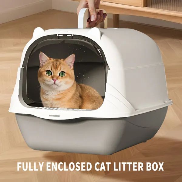 Fully Enclosed Cat Litter Box with Scoop & Mat, Gray