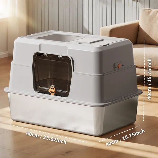 Enclosed Stainless Steel Gray Cat Litter Box