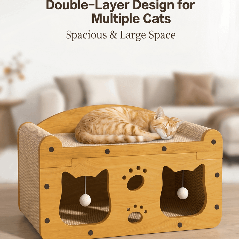 Double-Layer Cat Scratcher House with Hanging Balls
