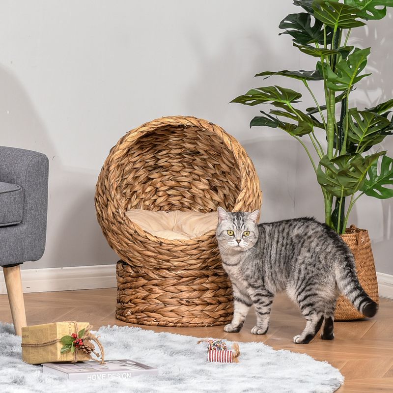 20" Braided Banana Leaf Elevated Cat Bed Basket with Cushion, Brown