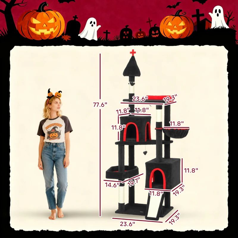 Gothic Cat Tree with Coffin Bed & Bat Hanging Balls