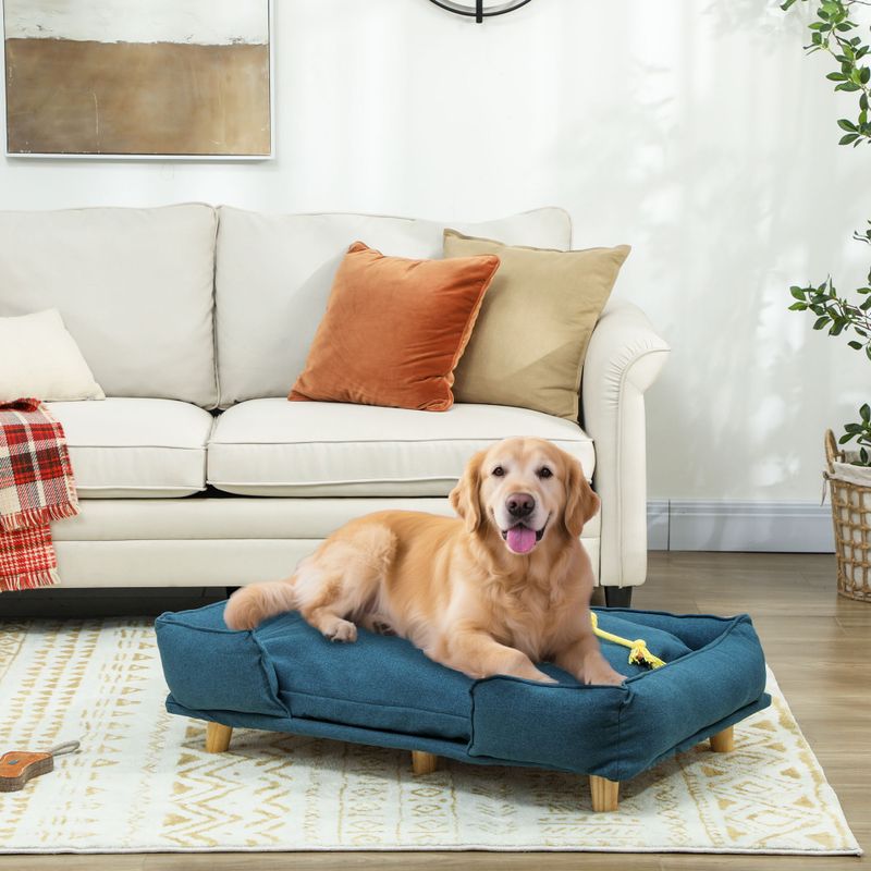 Raised Dog Couch with Cushion and Pine Wood Legs, Dark Blue